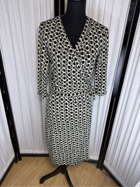 Bisou Bisou Black and Cream Geometric Wrap Midi Dress